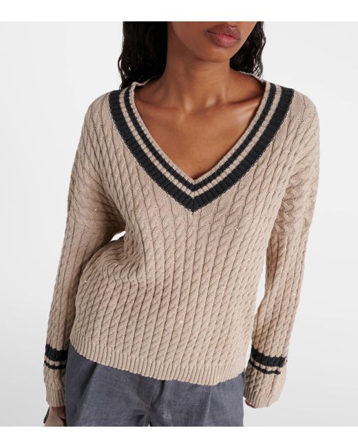 Brunello Cucinelli Natural Sequined Cable-knit Cotton-blend Sweater