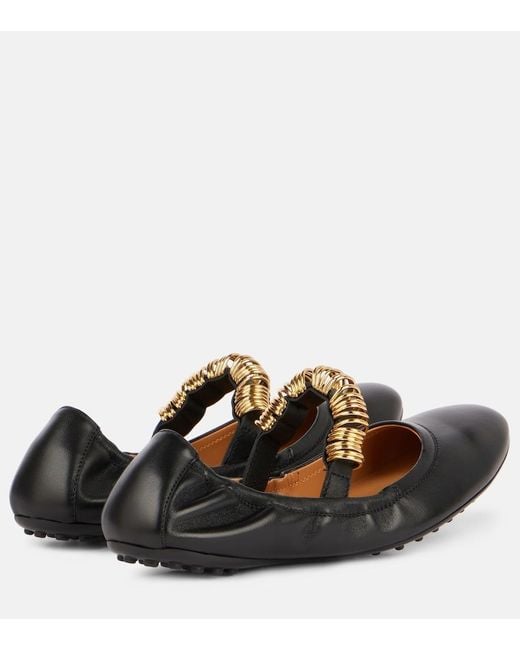 Tod's Black Embellished Leather Mary Jane Flats