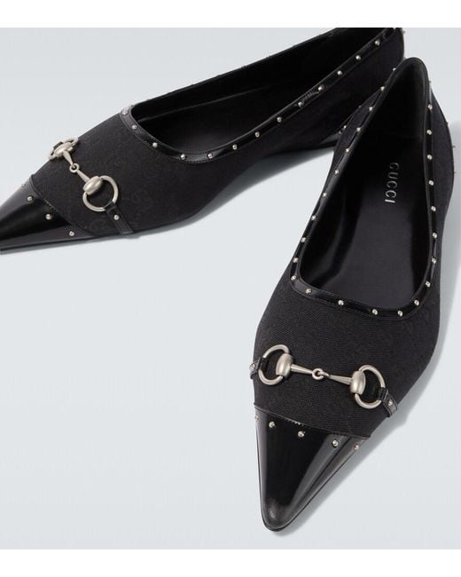 Gucci Black Horsebit Gg Canvas Studded Flats for men