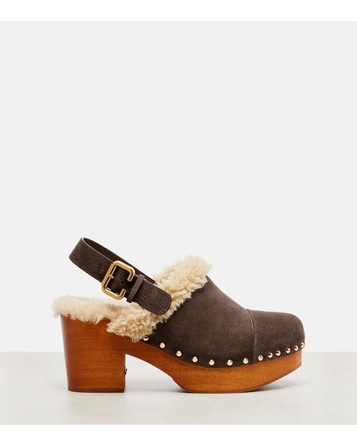 Chloé Brown Jeanette Suede Shearling-Lined Clogs