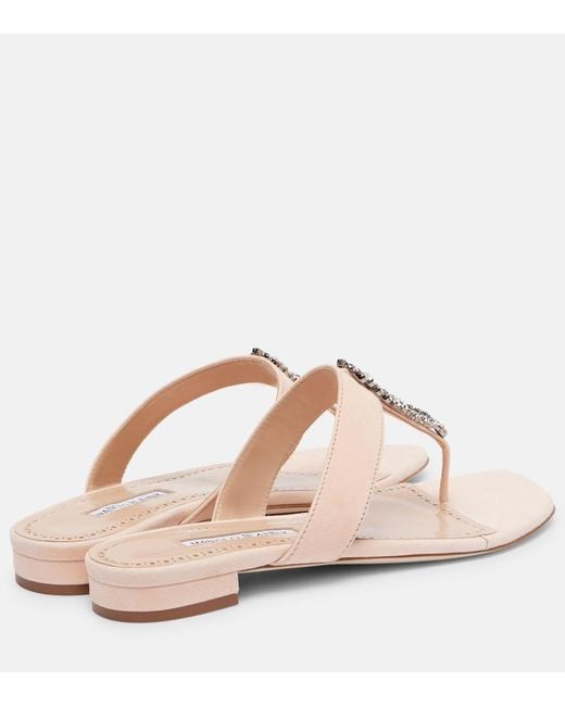 Manolo Blahnik Pink Bizaba Embellished Suede Thong Sandals