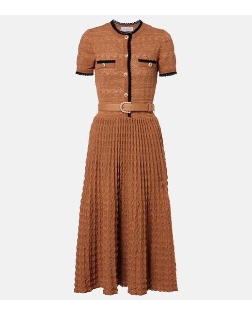 Self-Portrait Brown Belted Pointelle Cotton-Blend Midi Dress