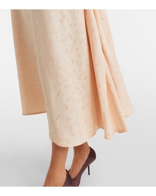 Victoria Beckham Natural Asymmetric Draped Floral Satin Midi Dress