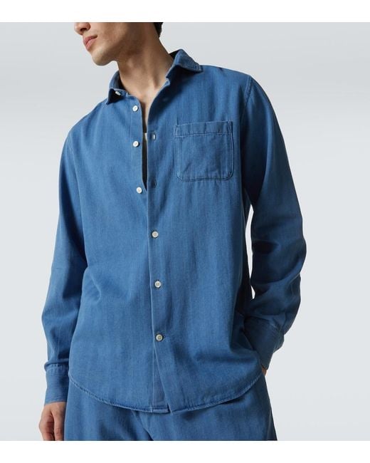 Frescobol Carioca Blue Emilio Herringbone Denim Shirt for men