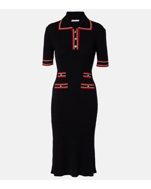 Alessandra Rich Black Ribbed-Knit Virgin Wool Polo Dress