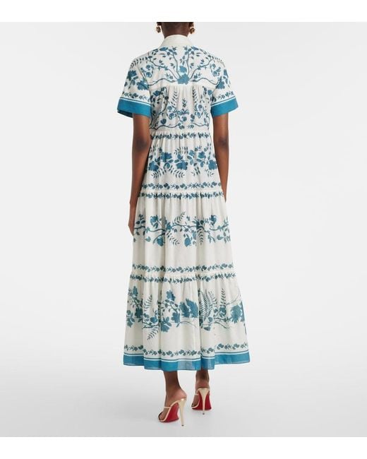 Erdem Blue Floral Cotton And Linen Tiered Shirt Dress
