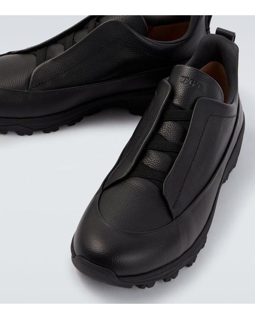 Zegna Black Triple Stitch Leather Sneakers for men