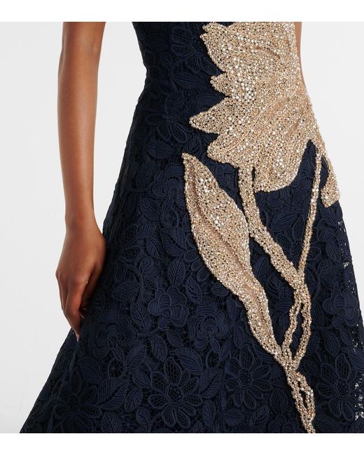 Costarellos Blue Mariela Applique Lace Gown