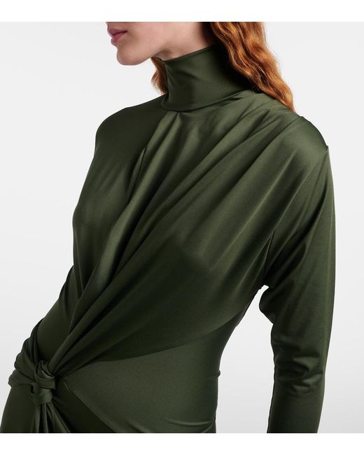 Victoria Beckham Green Gathered Turtleneck Midi Dress