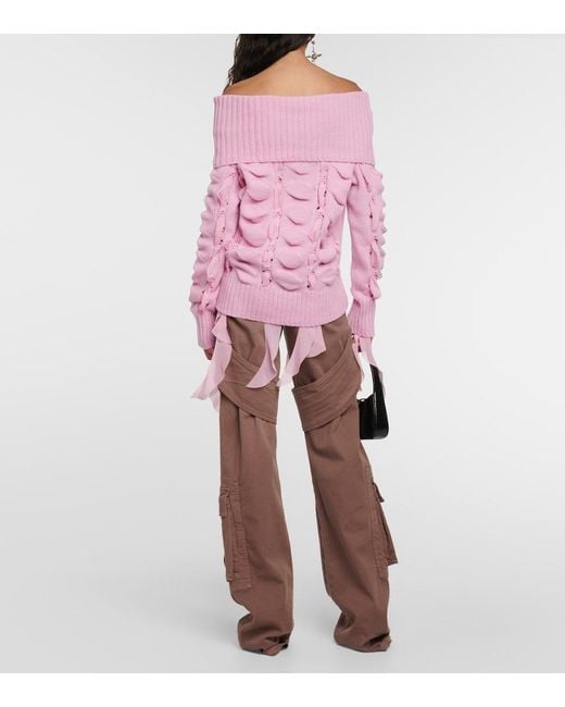 Blumarine Pink Rushed Off-Shoulder Wool Sweater