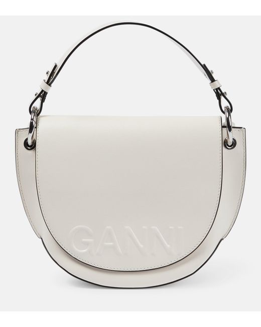 Ganni White Banner Saddle Leather Crossbody Bag