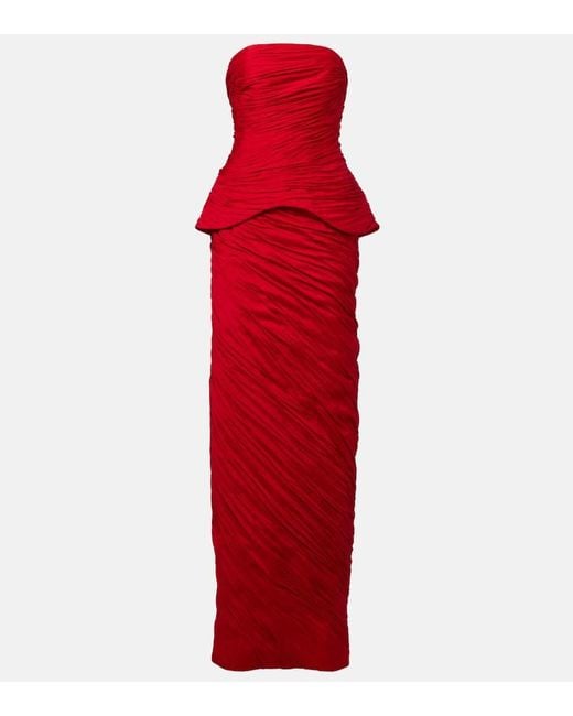 Marmar Halim Red Peplum Pleated Taffeta Gown