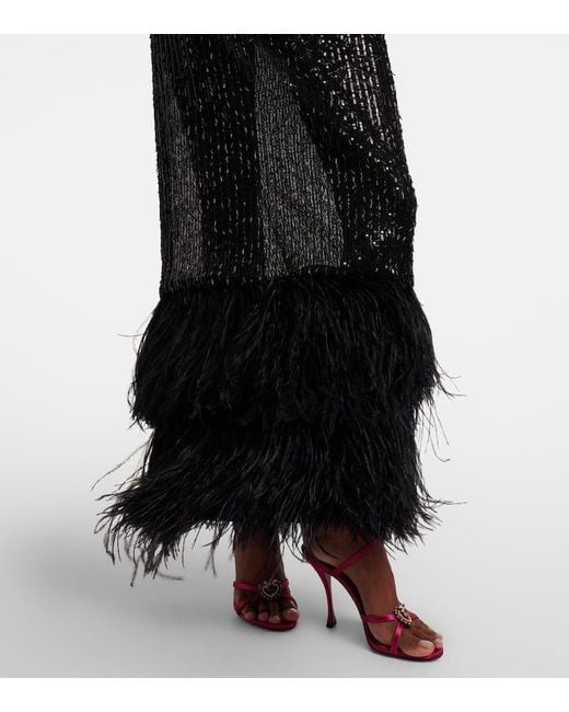 Dolce & Gabbana Black Feather-Trimmed Sequined Sheer Gown