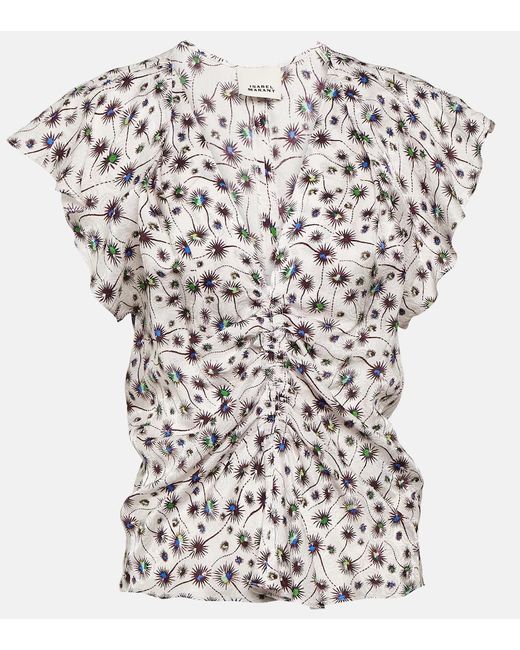 Isabel Marant White Lonea Ruched Printed Top
