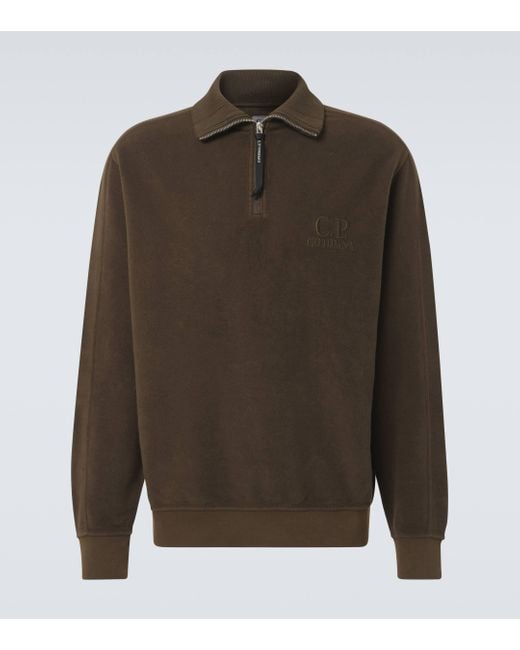 C P Company Green Cotton Half-Zip Polo Sweatshirt for men