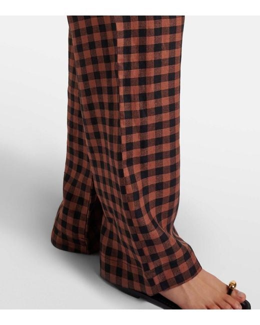 Asceno Brown Checked Linen Wide-Leg Pants