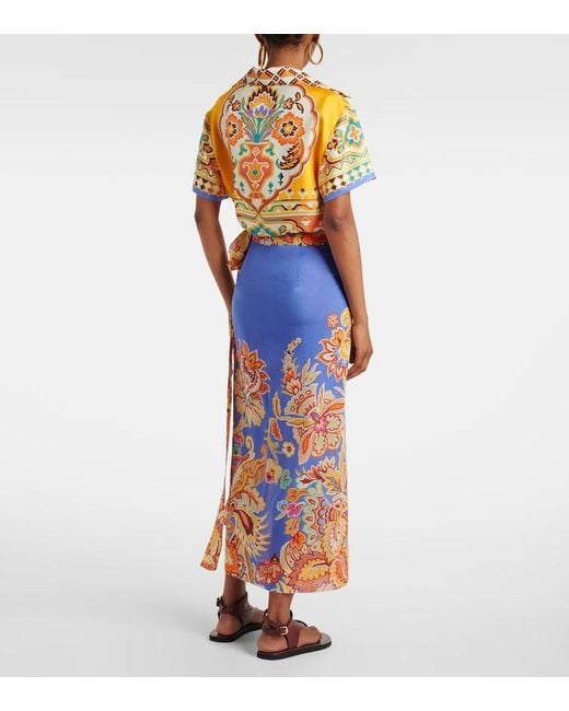 Etro Blue Printed Cotton And Silk Wrap Skirt