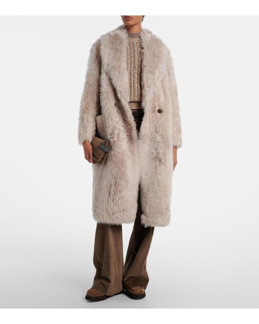 Brunello Cucinelli Natural Double-Breasted Shearling Coat