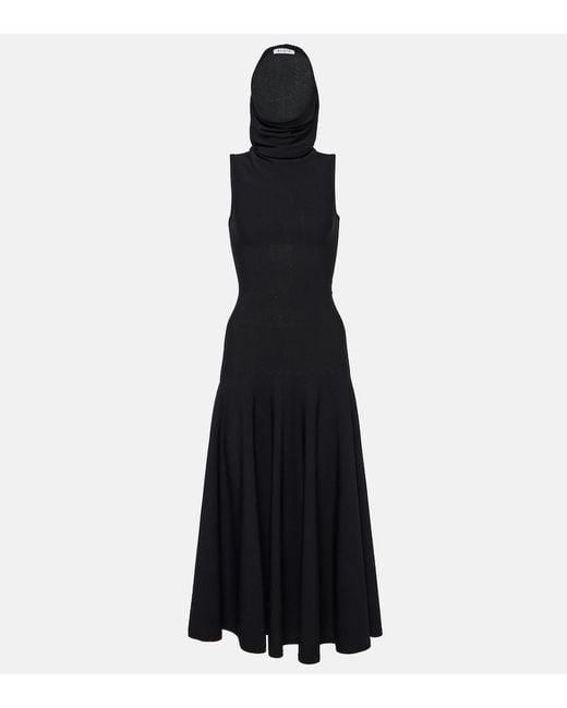 Alaïa Black Hooded Jersey Midi Dress