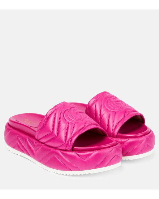 Gucci Pink Angelina Quilted Satin Platform Slides