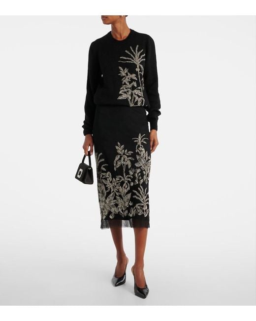 Costarellos Black Leyla Beaded Tulle Midi Skirt