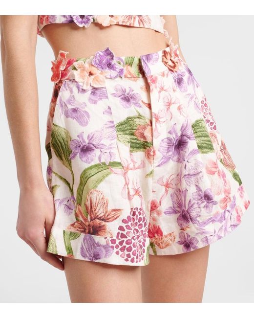 Shorts De Tiro Alto De Lino Floral Agua Bendita de color Pink