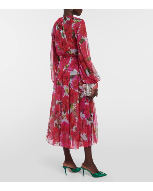 Oscar de la Renta Red Floral Silk Chiffon Gown