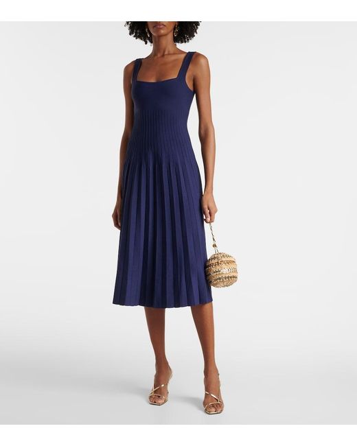 Staud Blue Ellison Pleated Compact-Knit Midi Dress