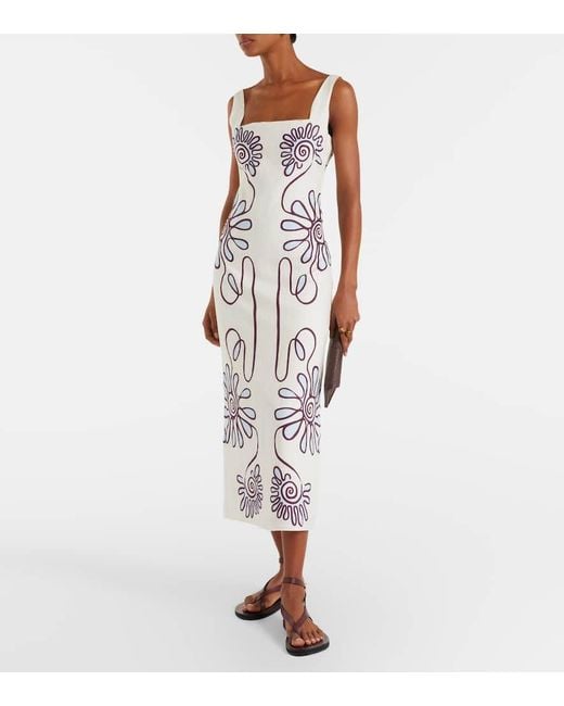 Cala De La Cruz White Bedrucktes Midikleid Amaranta Aus Leinen