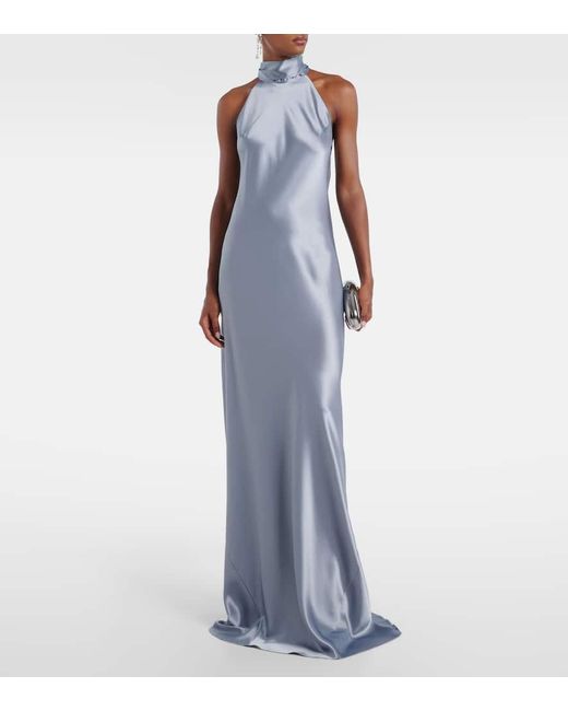 Galvan Blue Sienna Halterneck Satin Gown