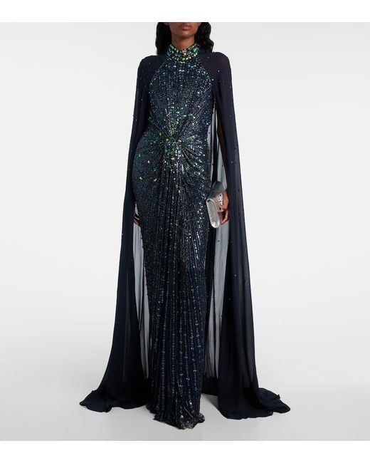 Jenny Packham Blue Thea Caped Sequined Gown