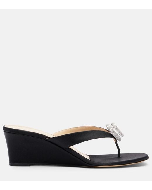 Mach & Mach Black Double Heart Satin Wedge Thong Sandals