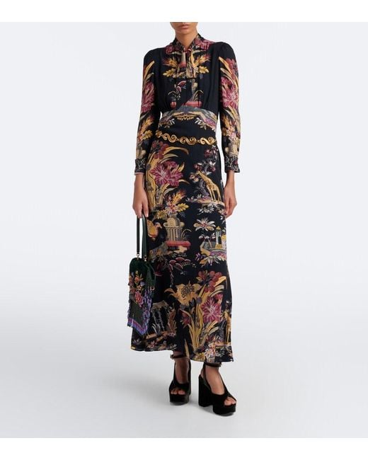 Etro Black Printed Crepe De Chine Maxi Dress