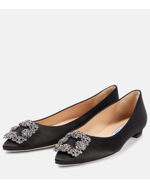 Manolo Blahnik Black Hangisi Crystal-embellished Leather Ballet Flats