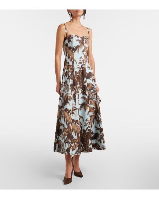 Oscar de la Renta White Printed Cotton-Blend Poplin Midi Dress