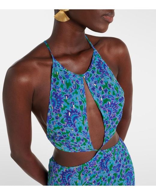 Rixo Blue Lenny Printed Cutout Maxi Dress