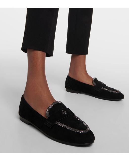 Tory Burch Black Crystal-embellished Suede Loafers