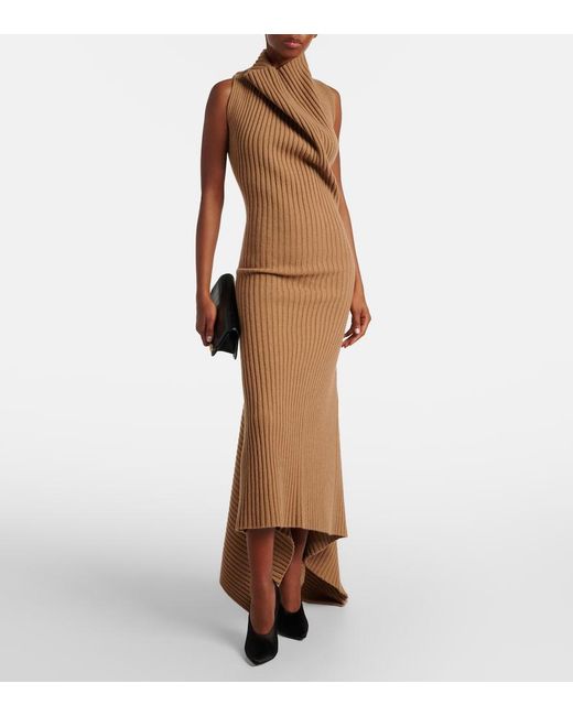 Victoria Beckham Brown Draped Ribbed-Knit Wool-Blend Maxi Dress
