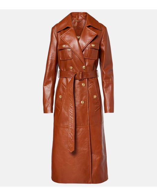 Chloé Brown Double-Breasted Belted Leather Coat