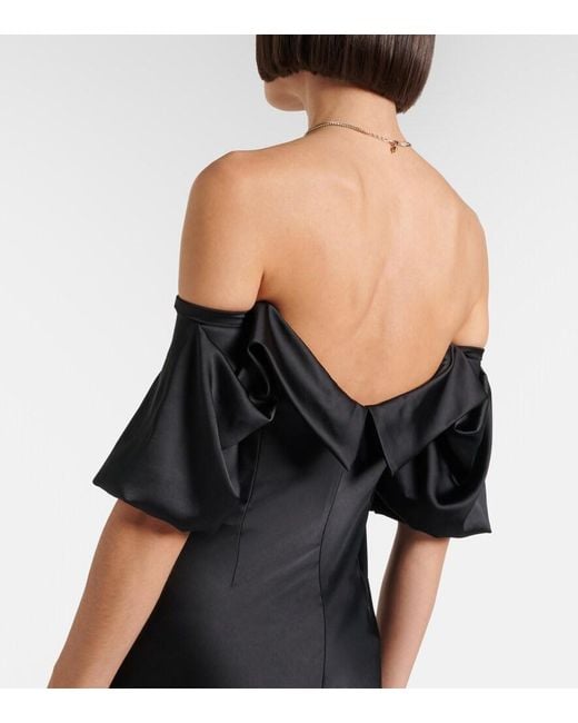 McQueen Black Draped Off-Shoulder Satin Midi Dress