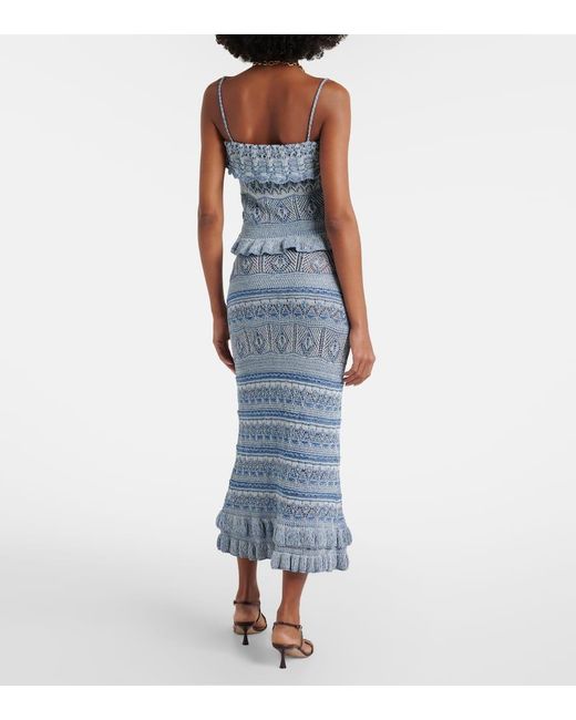 Etro Blue Crochet Ruffled Cotton Midi Skirt