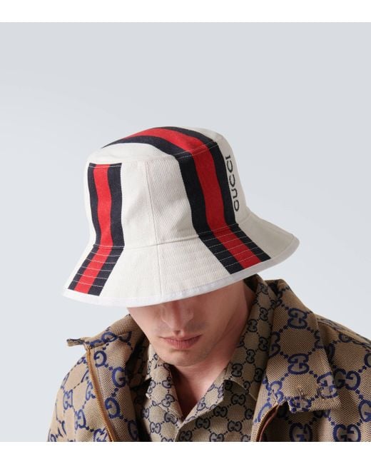Gucci White Logo-embroidered Striped Cotton-canvas Bucket Hat for men