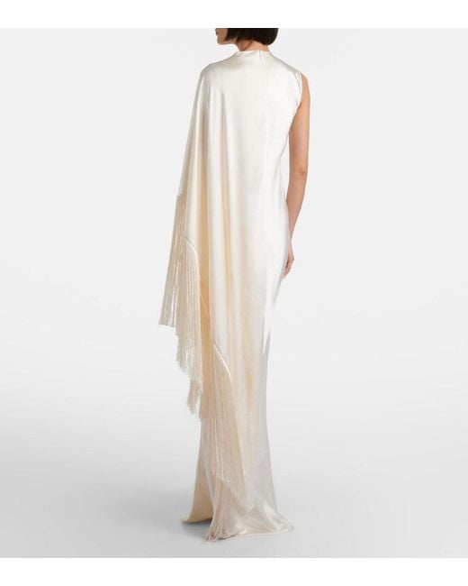 Self-Portrait White Caped Fringed Satin Gown
