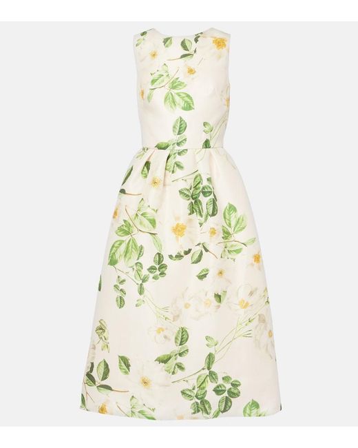 Monique Lhuillier White Floral Silk Satin Midi Dress
