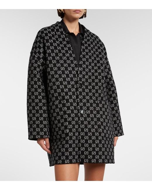 Gucci Black Caban Reversible Leather-Trimmed Wool Coat