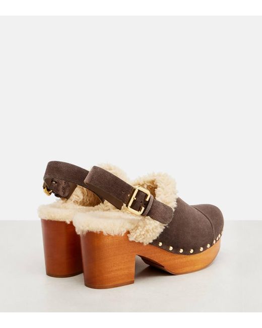 Mules Compensees Jeannette En Daim Et Shearling Chloé en coloris Brown