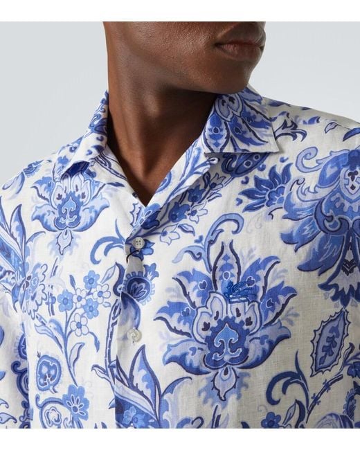 Etro Blue Paisley Linen Bowling Shirt for men