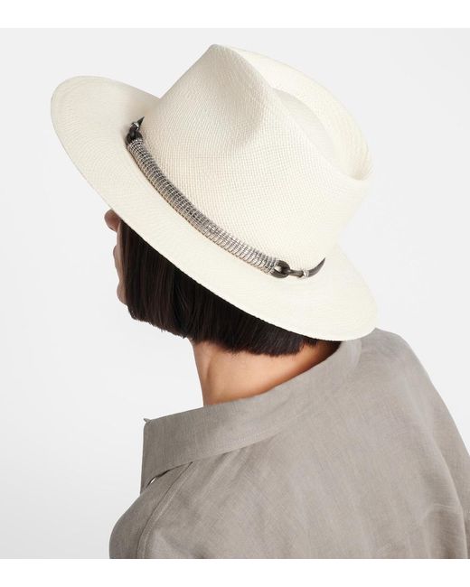 Brunello Cucinelli White Leather-Trimmed Straw Fedora Hat