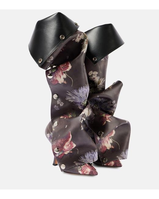 Y. Project Black Snap 100 Floral Leather Knee-High Boots