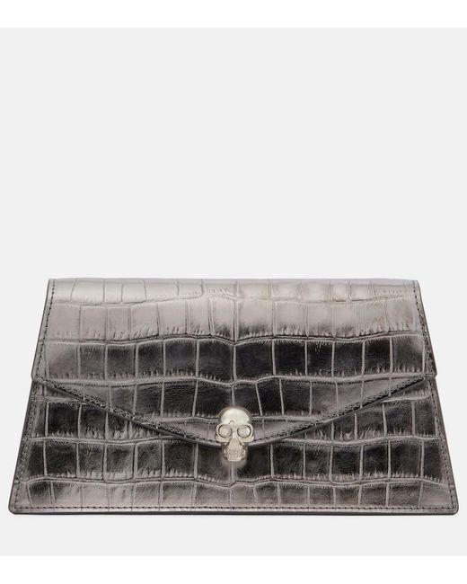 McQueen Gray Skull Mini Croc-Effect Leather Clutch